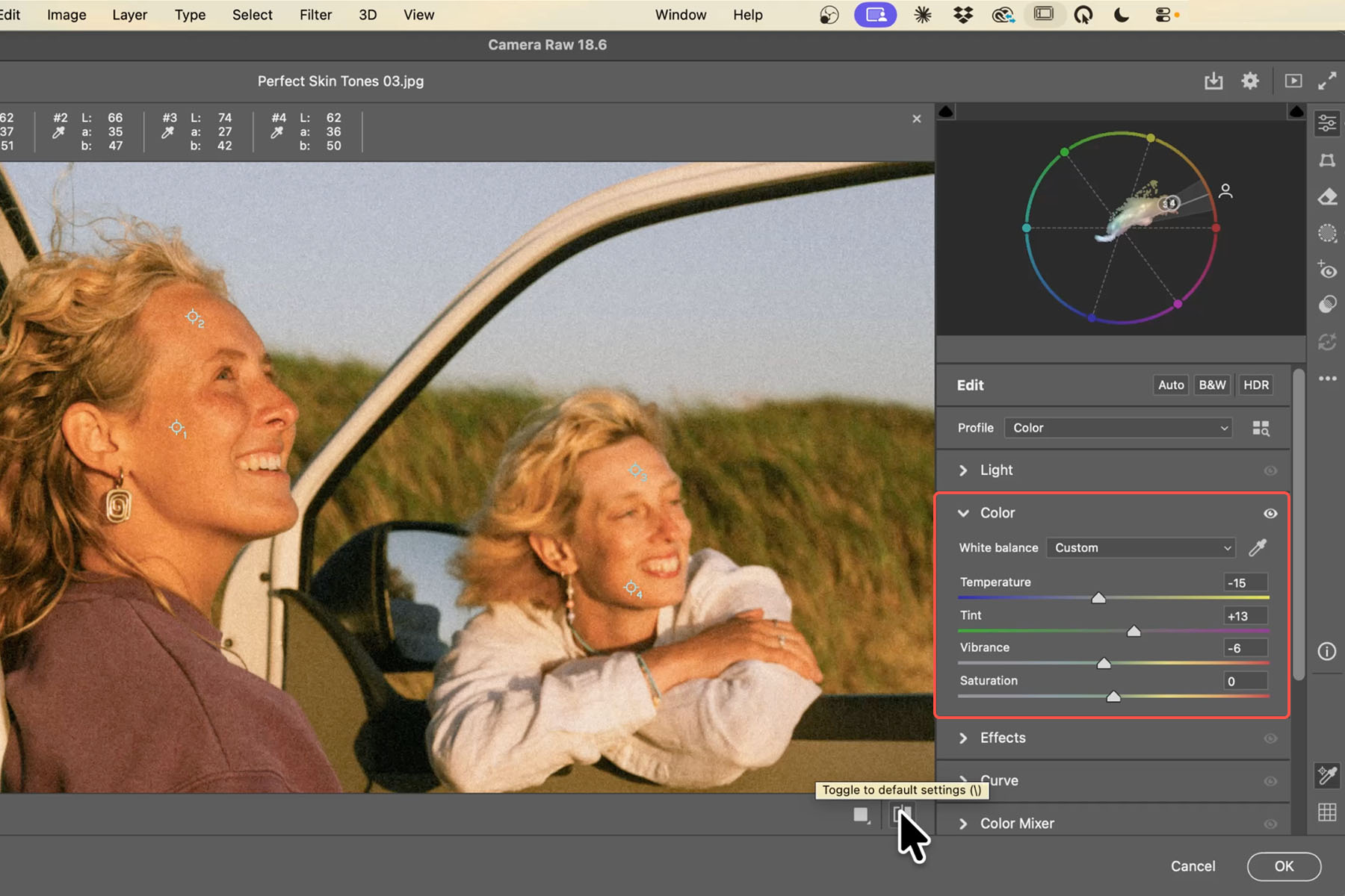 Camera Raw's Color panel with color samplers placed on skin and Temperature, Tint, Vibrance and Saturation sliders adjusted, the Vectorscope cluster now sitting on the skin tone indicator line
