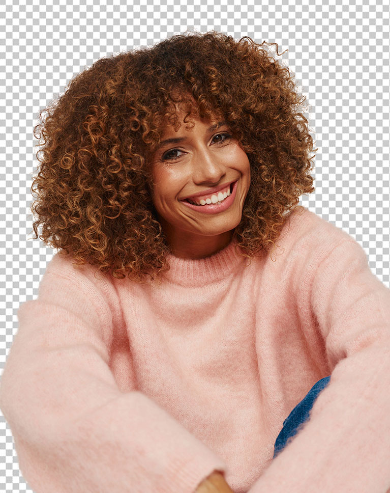 The same woman cut out with a soft, realistic sweater edge on a transparent background