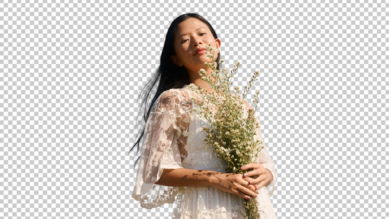 The same woman cut out on a transparent background with the blue edge fringe removed from her hair, flowers and lace sleeves