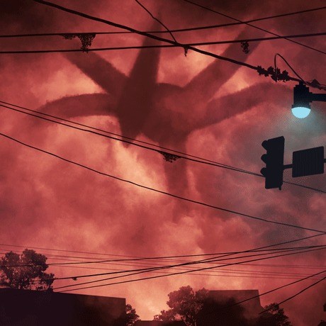 Red-lit sky with dark tendrils curling around a traffic light, in a Stranger Things style
