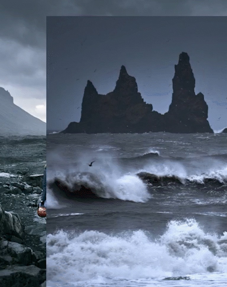 Coastal composite with a raw stock layer of sea stacks pasted roughly into place