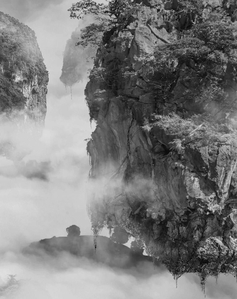 The same spire after clouds, fog and atmosphere are painted in with custom Photoshop brushes