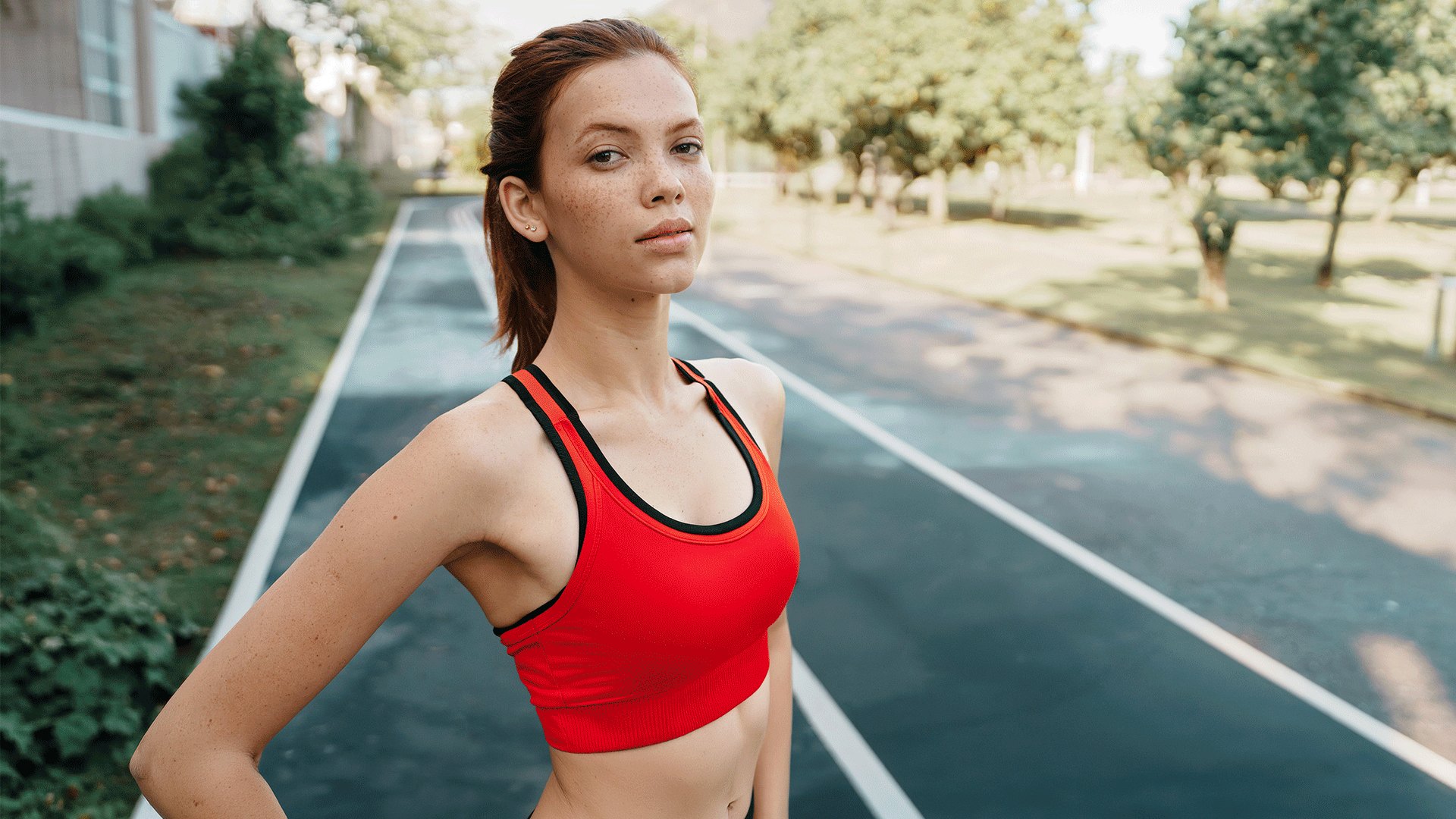 The same runner with the crowd and poles removed, her top changed to red and the frame extended, all on separate layers