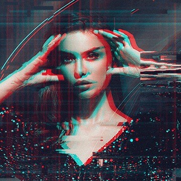 Woman framing her face with her hands, portrait rendered with a red-and-cyan digital glitch effect