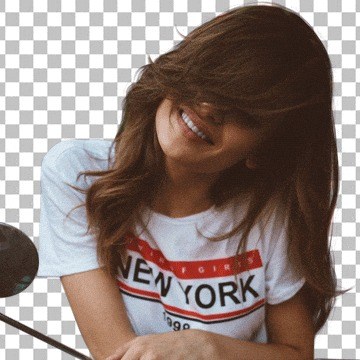 Woman with wavy brown hair cut out from its background onto a transparent checkerboard, example for cutting out hair in Photoshop