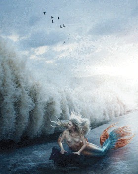 The same seascape composited with a towering wave and a mermaid rising from it