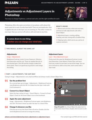 Page 1 of the free Adjustments vs Adjustment Layers in Photoshop PDF guide