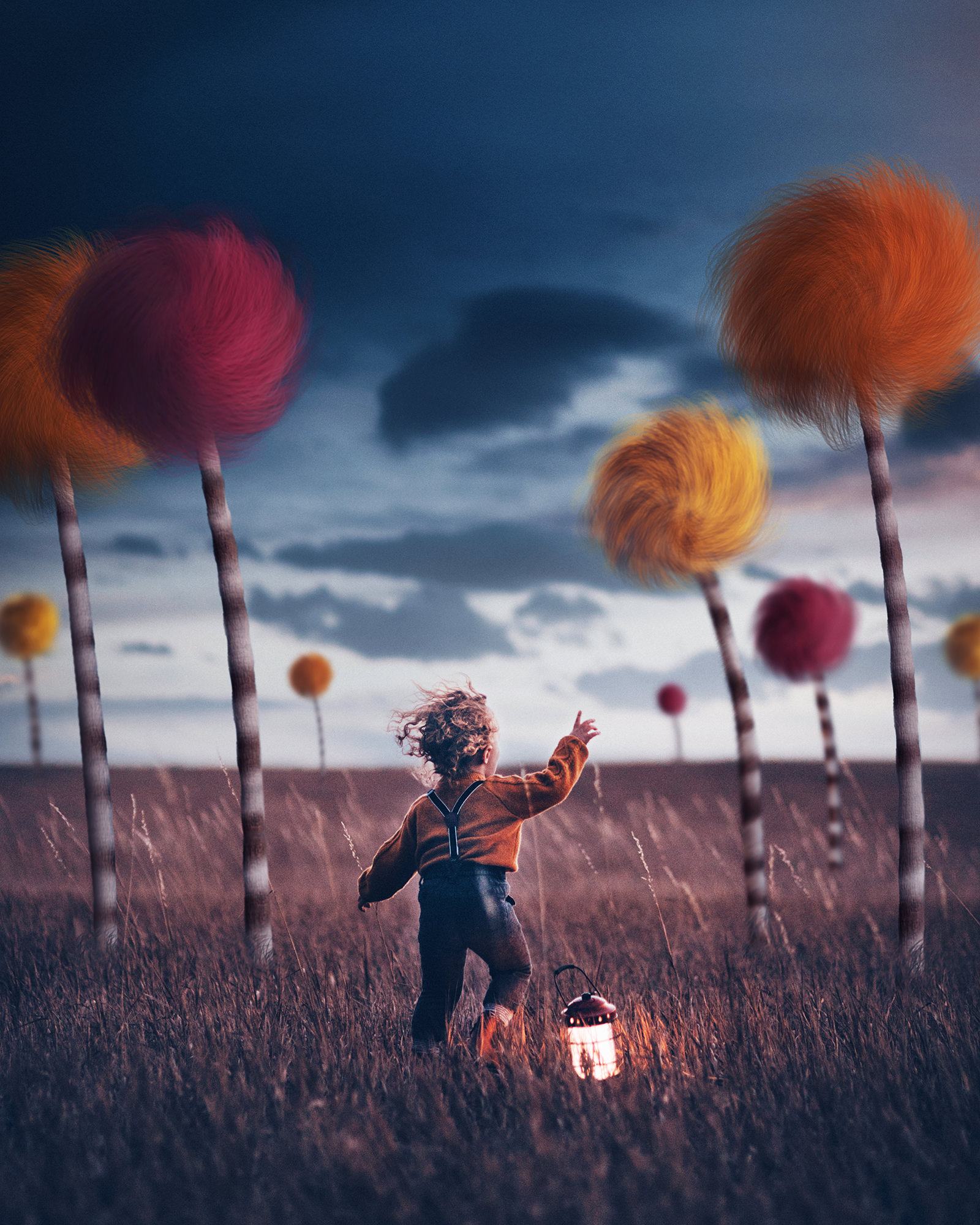 Composite of a curly-haired child running through tall grass with a lantern among striped trees with fluffy tops