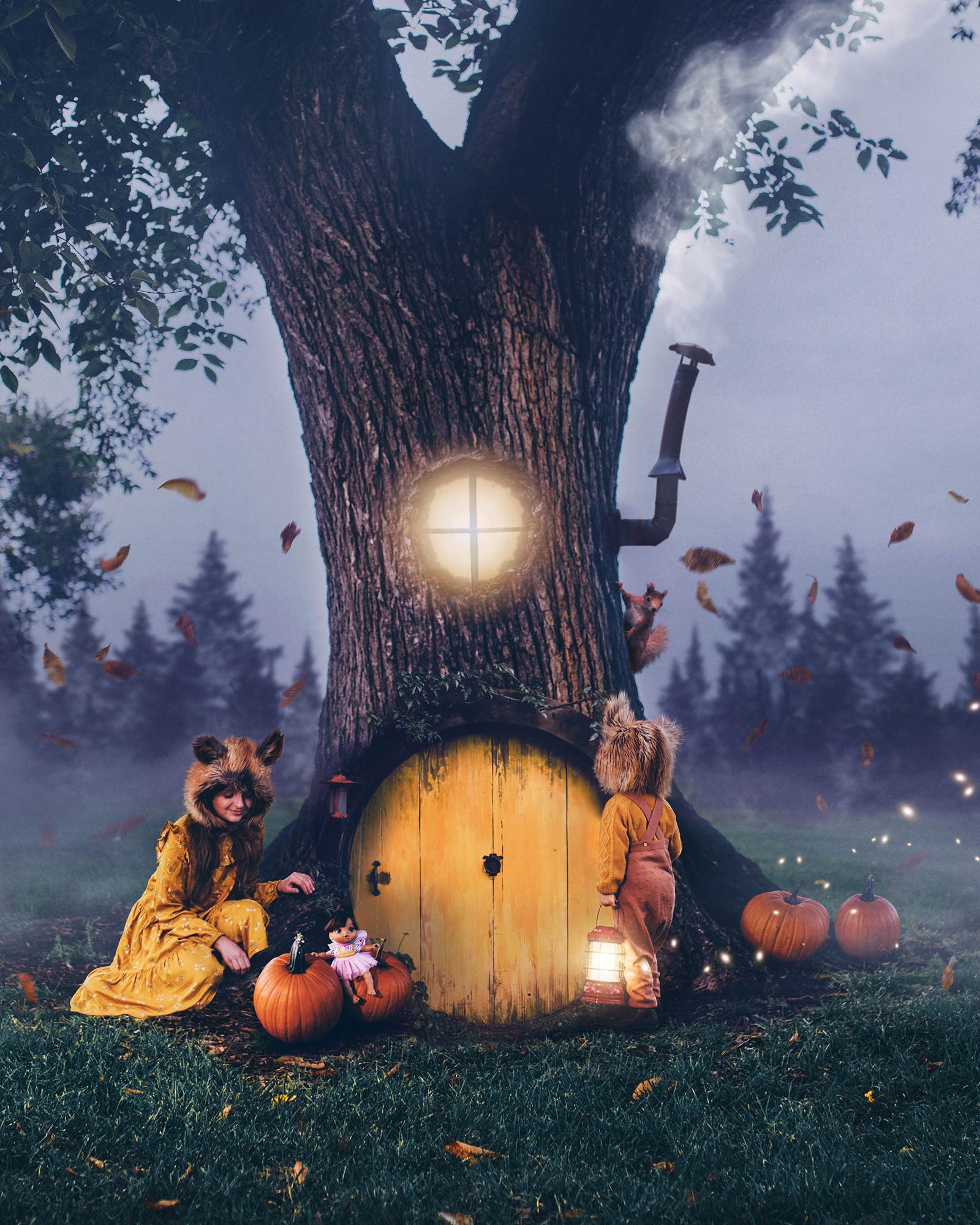 Composite of a woman and two children in animal hoods at a glowing round door in a huge tree, pumpkins around