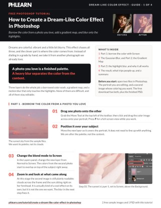Page 1 of the free Dream Like Color Effect in Photoshop PDF guide