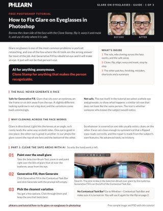 Page 1 of the free Fix Glare on Eyeglasses in Photoshop PDF guide