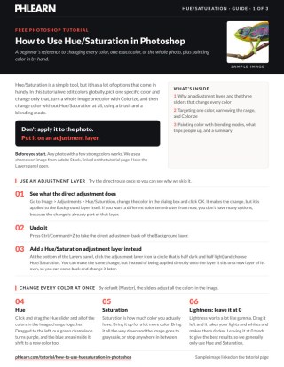 Page 1 of the free How to Use Hue Saturation in Photoshop PDF guide