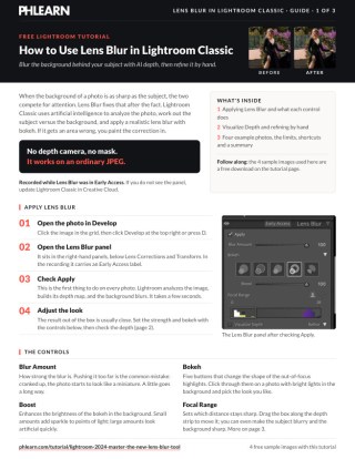 Page 1 of the free How to Use Lens Blur in Lightroom Classic PDF guide
