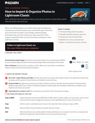 Page 1 of the free Lightroom Classic 1 Import and Organize Photos PDF guide