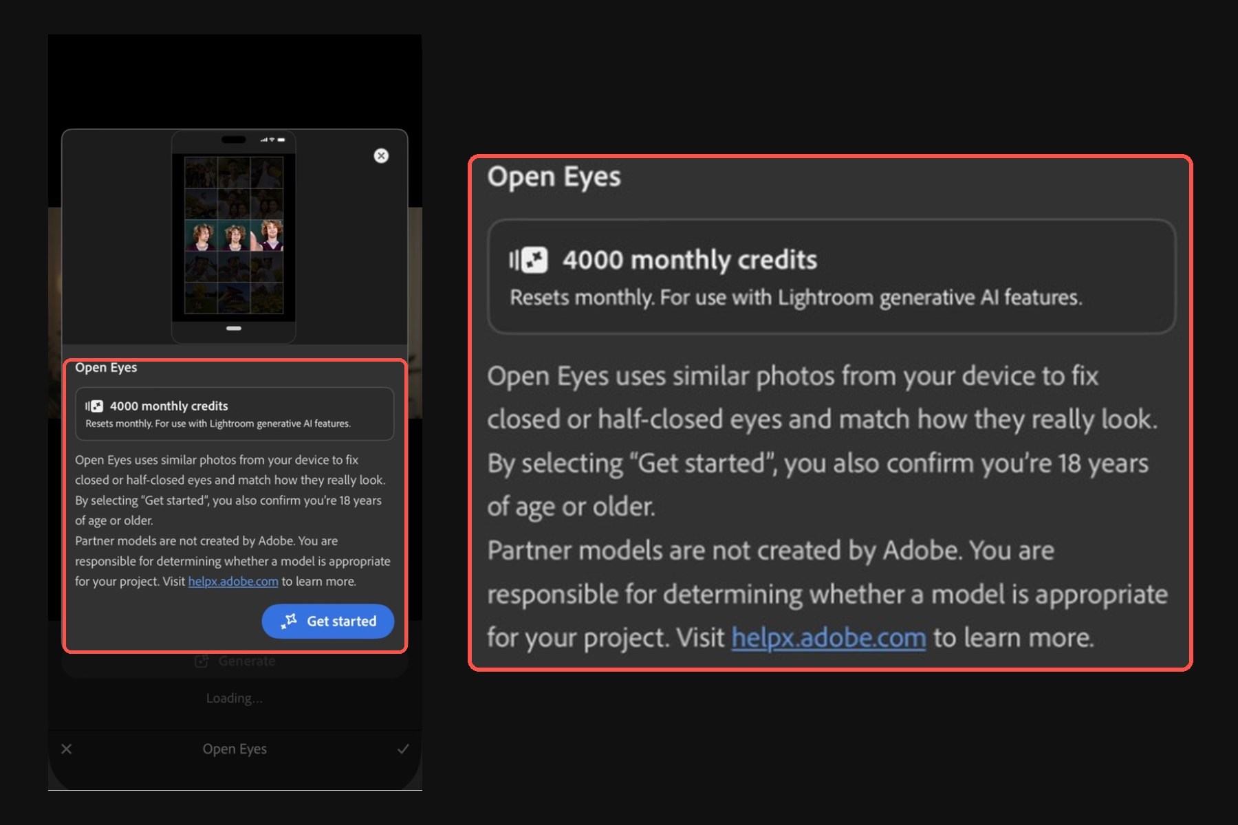 The Open Eyes first-use screen in Lightroom mobile: monthly credits, similar photos from your device, the 18+ confirmation and the partner model notice