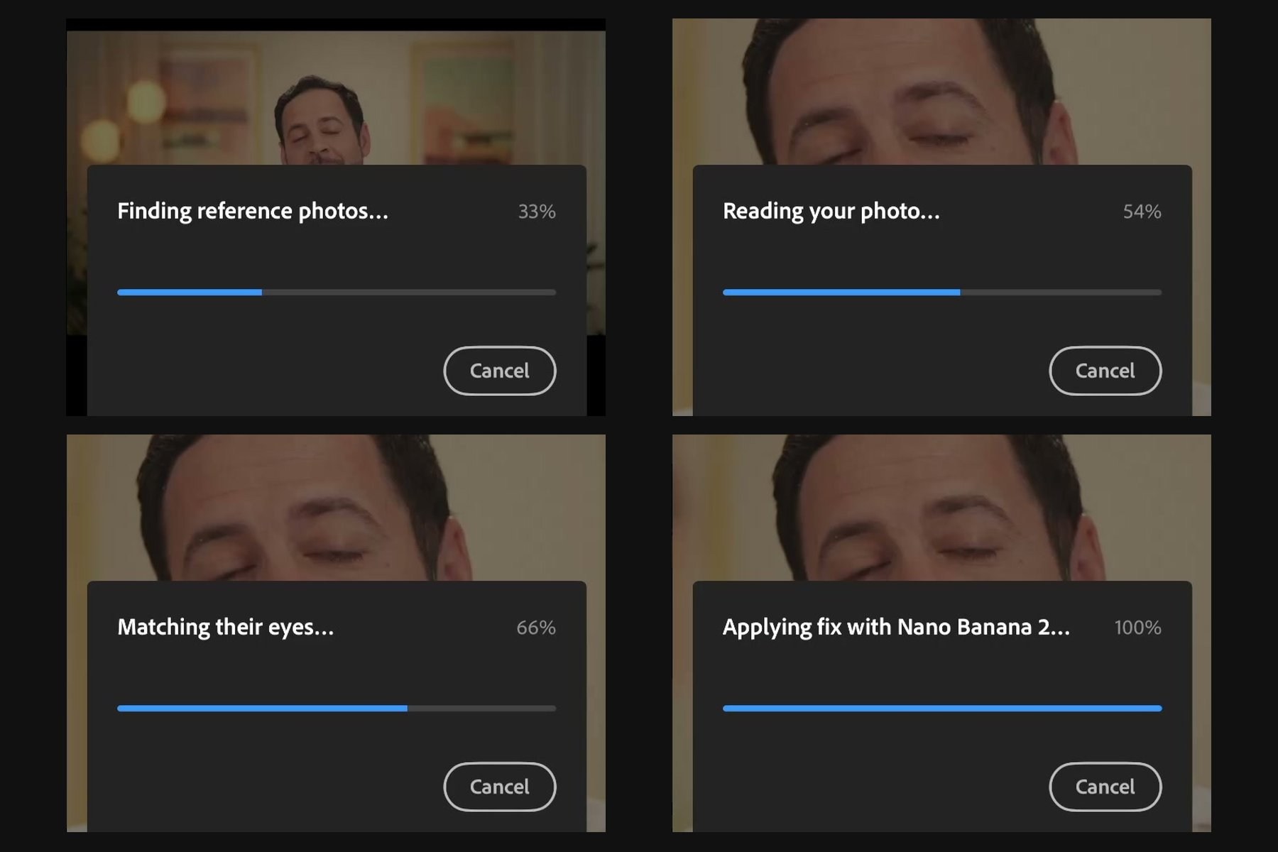 Lightroom Open Eyes progress: Finding reference photos, Reading your photo, Matching their eyes and Applying fix with Nano Banana 2