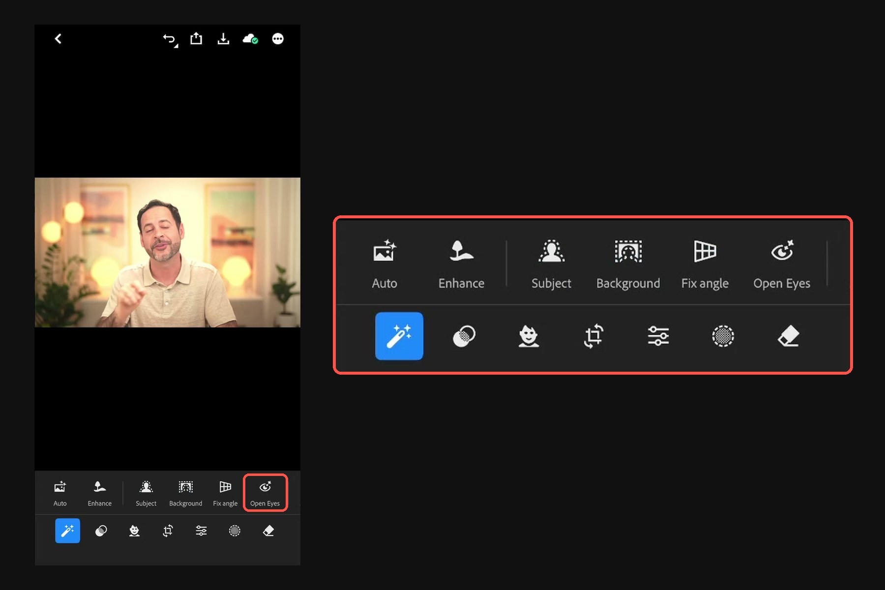 Lightroom mobile Actions panel with the Open Eyes Quick Action on a photo with closed eyes, and a close-up of the Quick Actions row