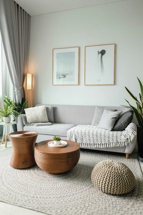 Grey sofa with wooden side tables and a knit pouf