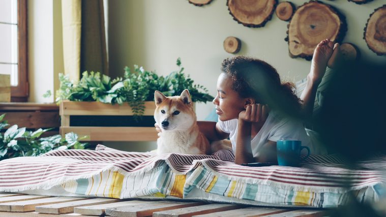 Girl lying on a floor cushion with a shiba inu