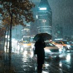 Heavy rain on a city street at night with a person under an umbrella
