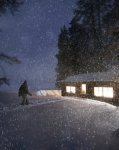 Snowfall painted around a lit cabin at night