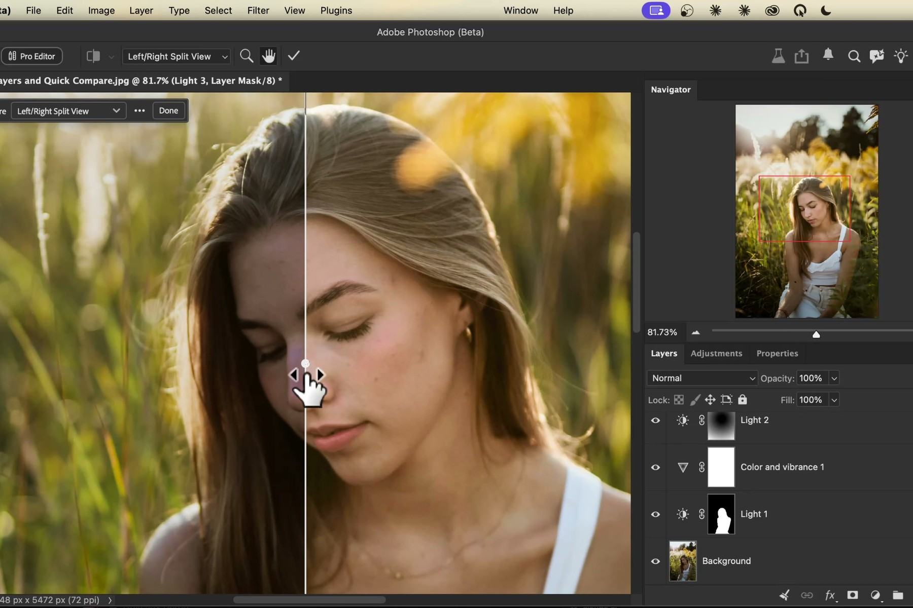 Quick Compare in the Photoshop beta showing a left and right split view of a portrait before and after editing
