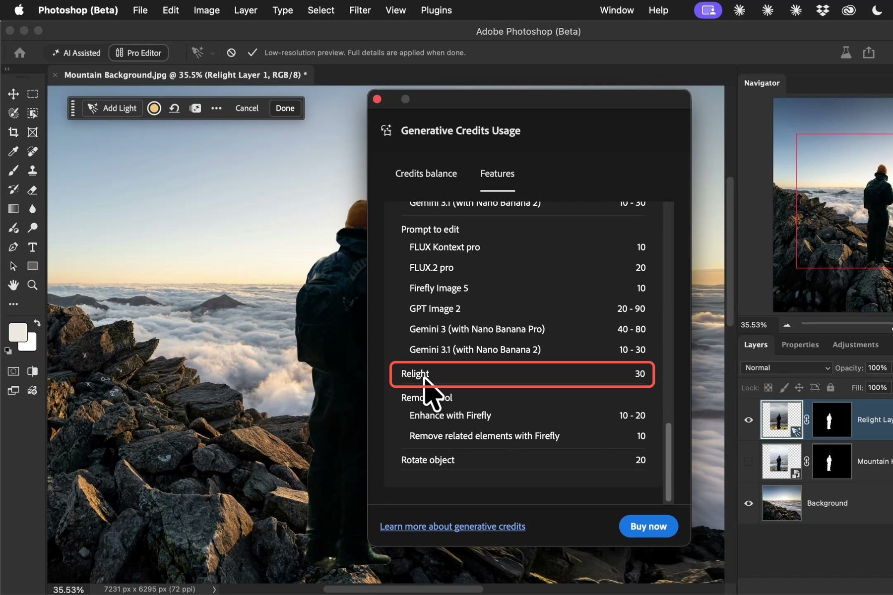 Generative Credits Usage panel in Photoshop Beta with the Features tab open, showing Relight at 30 credits