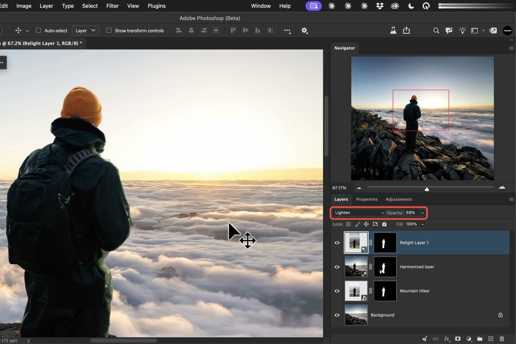 Relight layer set to the Lighten blend mode with lowered opacity, above the Harmonized layer and the original hiker layer in the Photoshop Layers panel