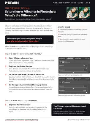 Page 1 of the free Saturation vs Vibrance in Photoshop 2021 PDF guide