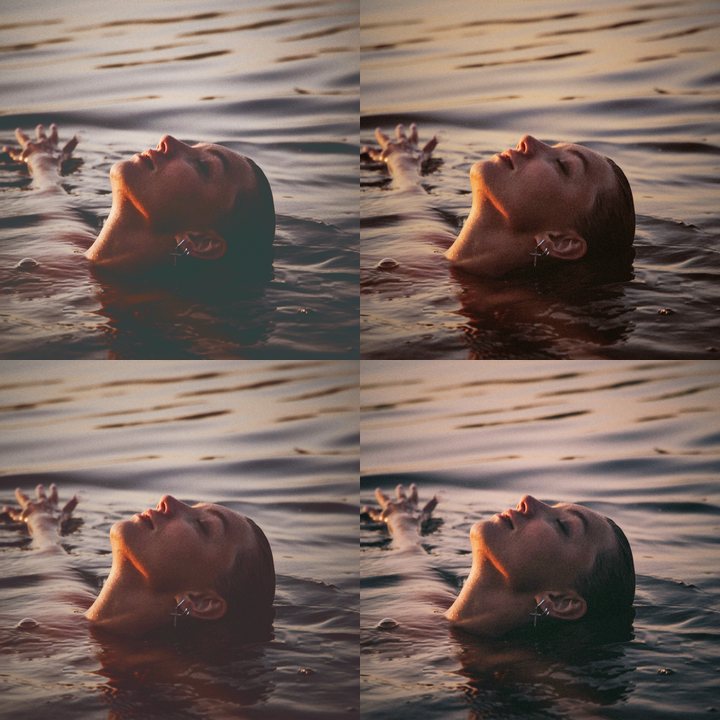 Four PHLEARN Blend If looks on a woman floating in water at dusk: Seaside Haze, Desert Clay, Apricot Haze and Copper & Cyan