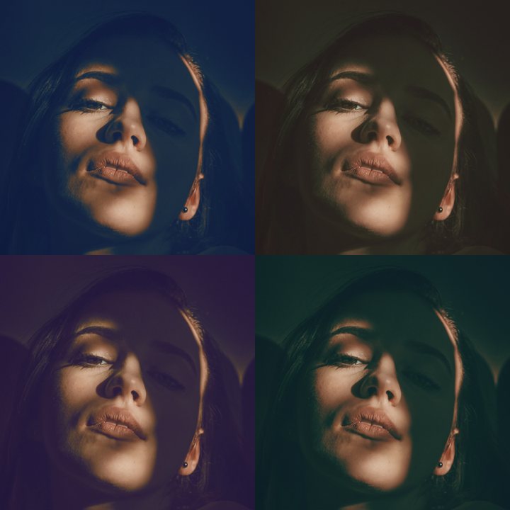 Four PHLEARN gradient map looks on a moody window-light portrait: Blue Hour, Warm Film, Sunset Pink and Tungsten Night