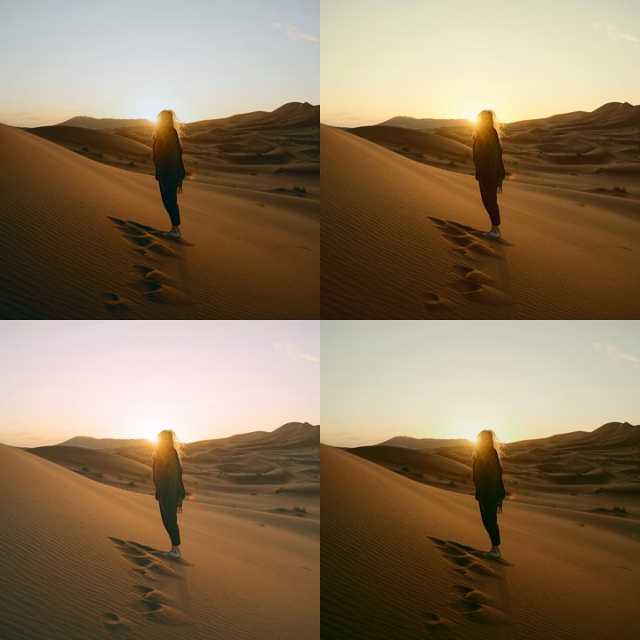 Four PHLEARN color grading LUTs on a woman walking on desert dunes at sunset: North Sea, Postcard, Blossom and Deep Forest