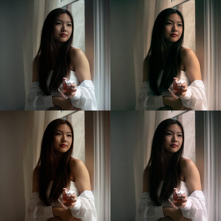 Four PHLEARN Color Grading Wheels presets on a woman by a window: Moonlit, Marquee, Bronze and Cotton Candy