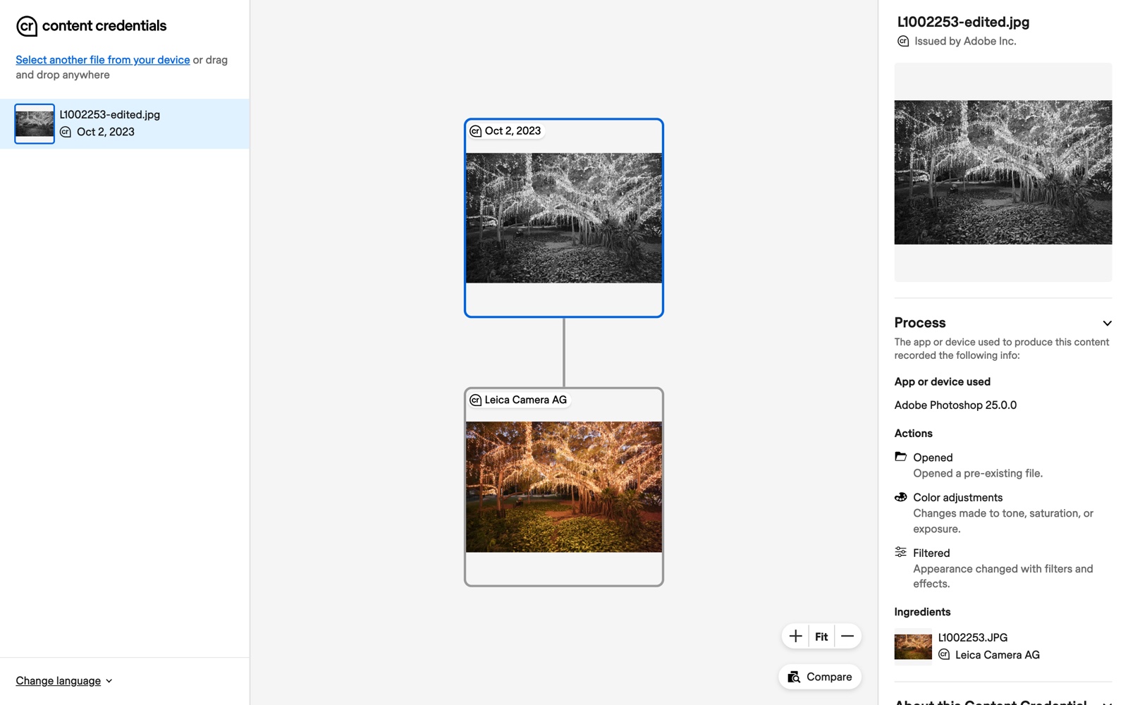 How to tell if a photo is AI: the Content Credentials Verify tool showing a Leica photo's signed history, from the camera through Photoshop