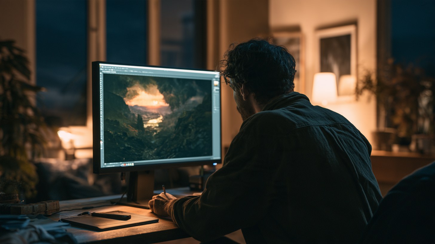 ArtCraft's promise is a desk like this one: a photographer editing a landscape photo on a large monitor in a dark home studio