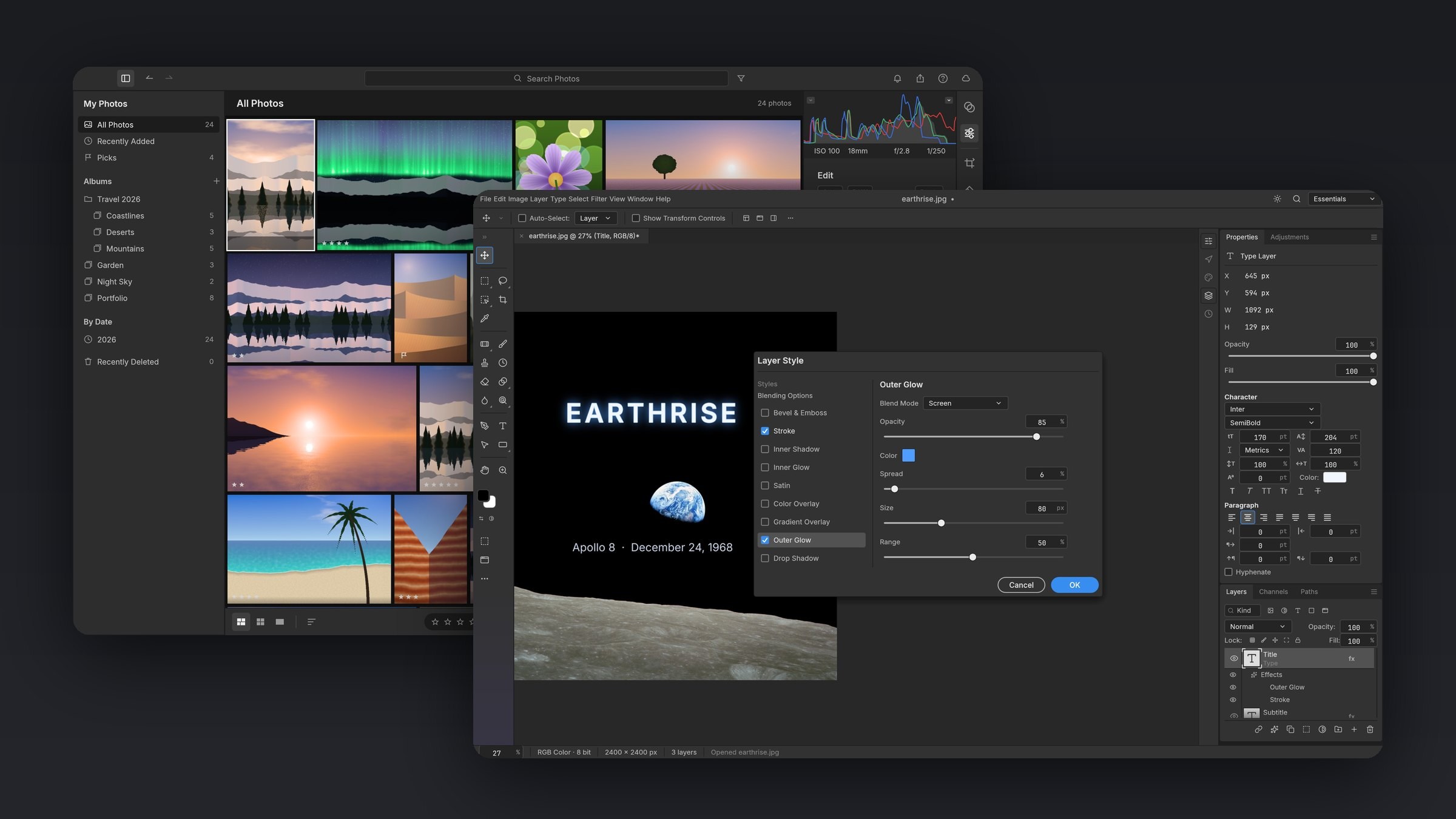 ArtCraft's PhotoCraft window with a Layer Style dialog over the Earthrise photo, in front of LightCraft's photo library grid