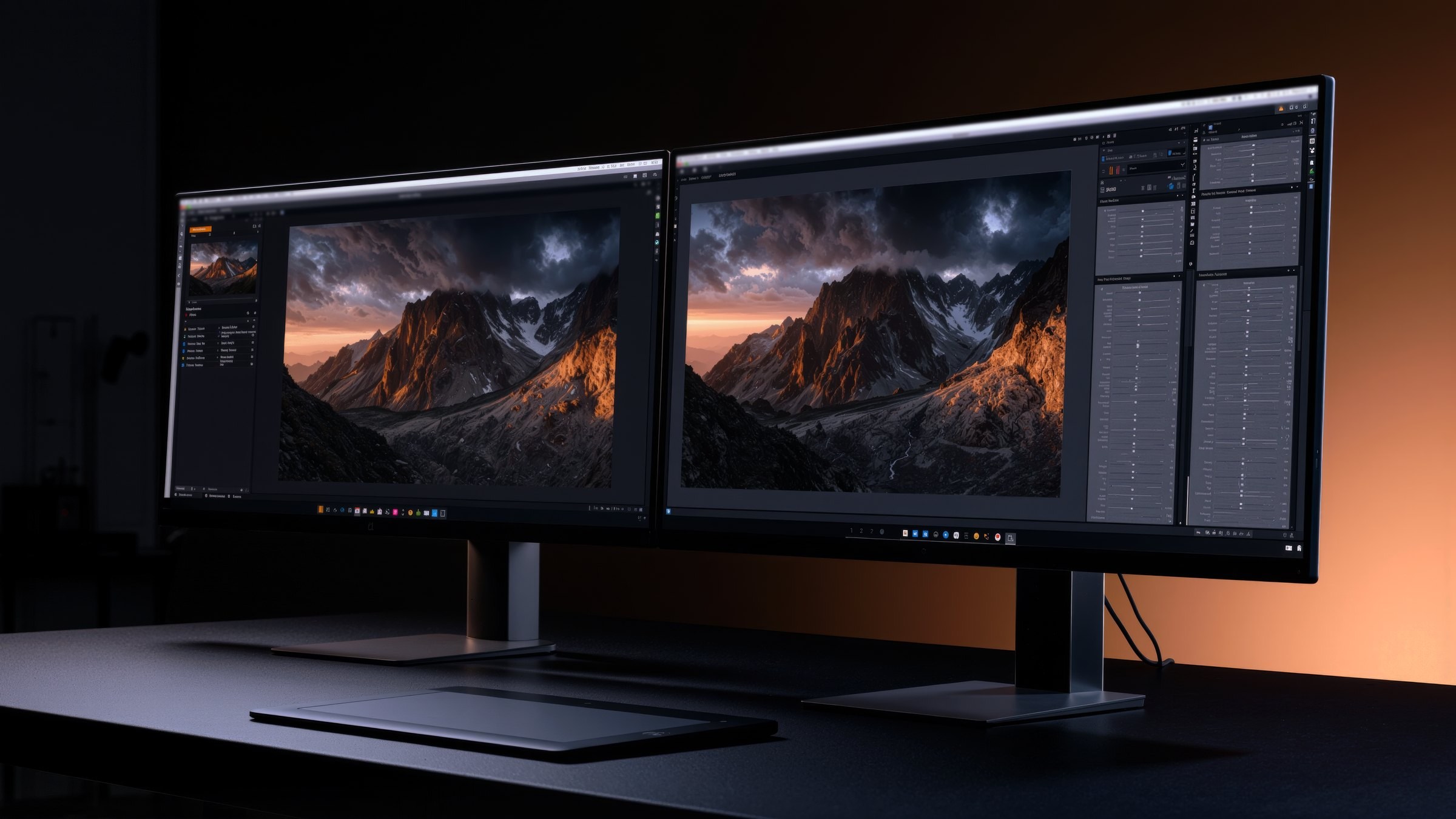 Two identical monitors side by side in a dark studio, both showing the same mountain photo in a photo-editing workspace with panels of sliders