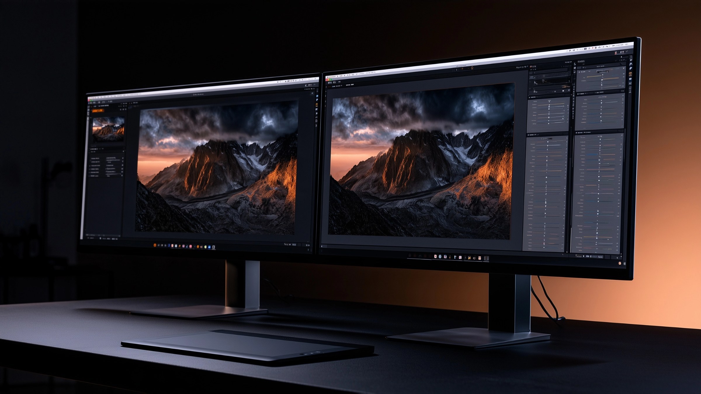 Two identical monitors side by side in a dark studio, both showing the same mountain photo in a photo-editing workspace with panels of sliders