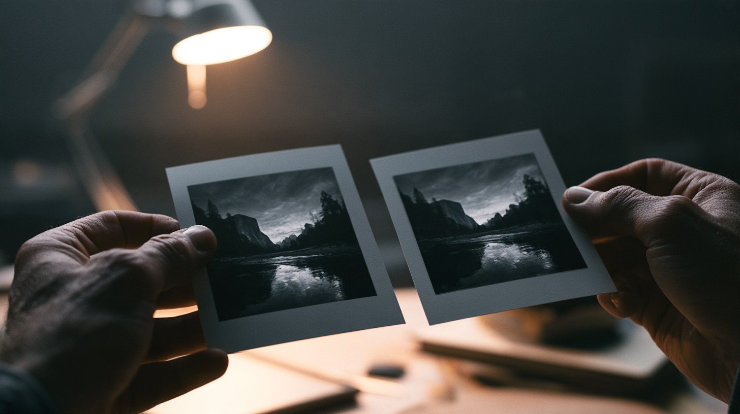 A photographer's hands holding two black and white landscape prints side by side under a desk lamp