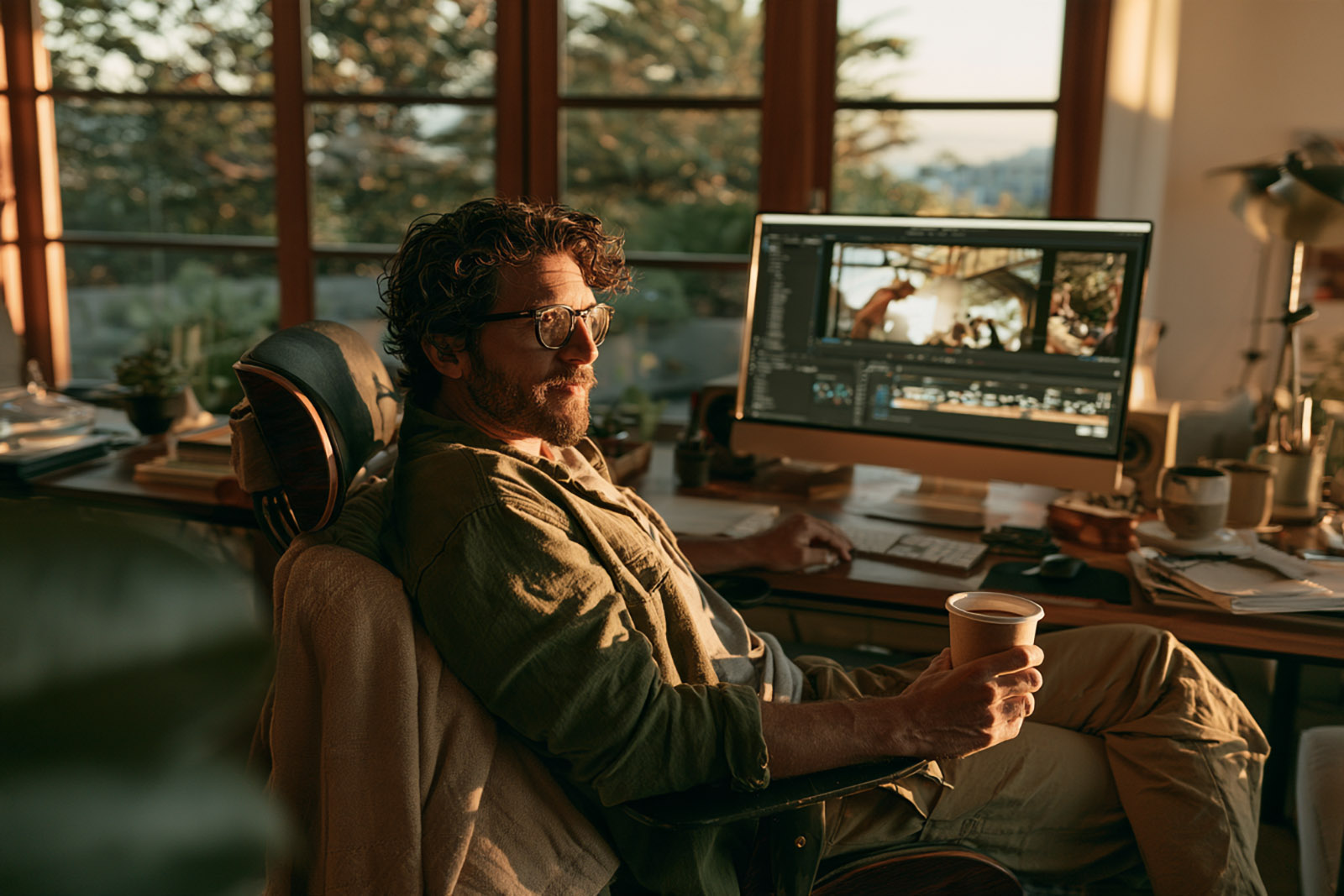 A video editor leaning back with a coffee while an editing timeline fills in on his monitor