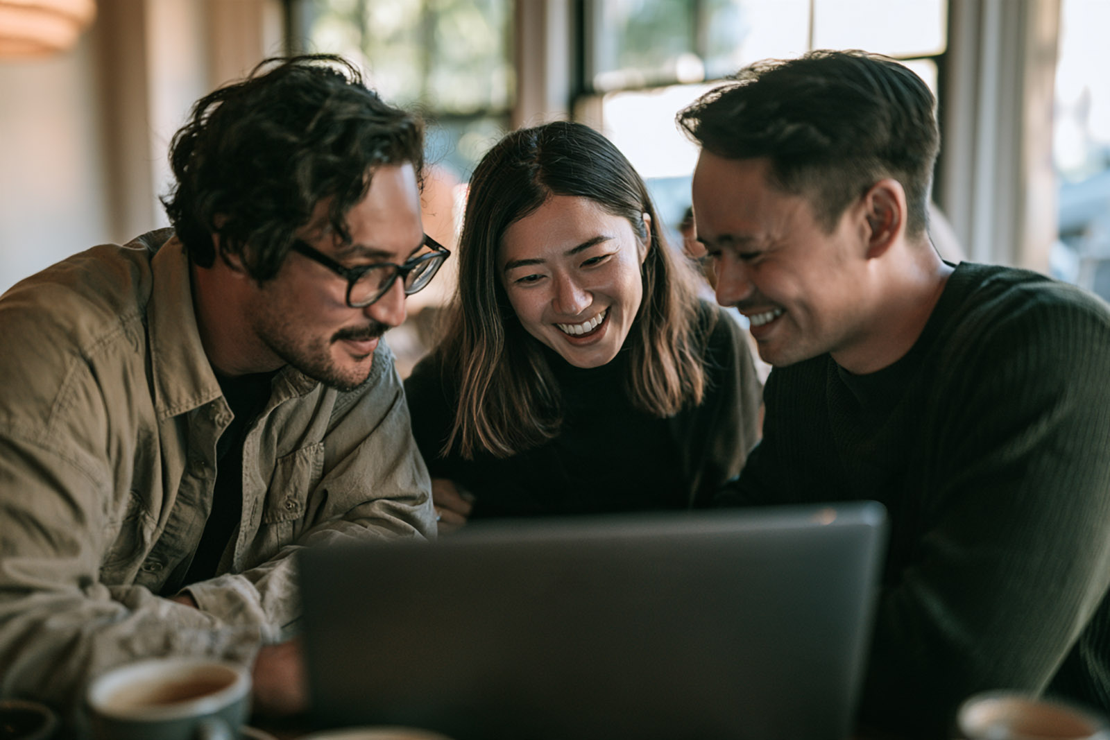 A photographer and a couple at a cafe table smiling at photos on a laptop