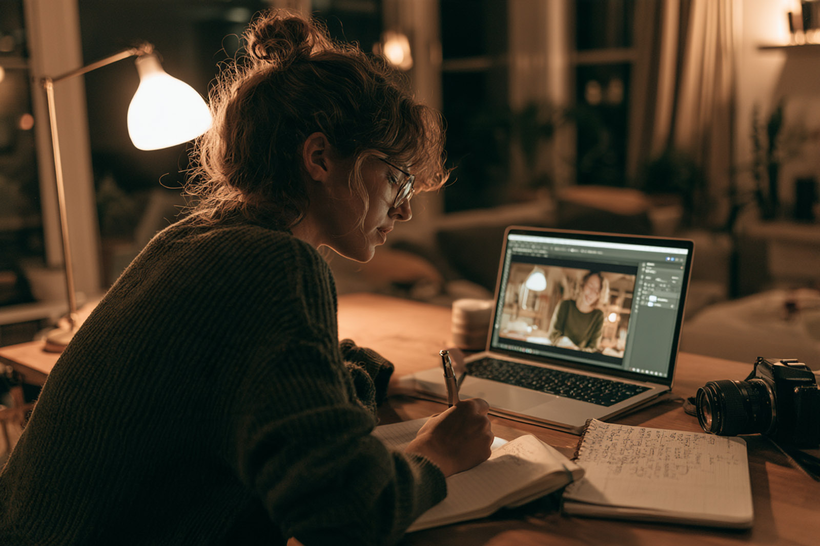 A student taking notes while watching a photo editing lesson on her laptop
