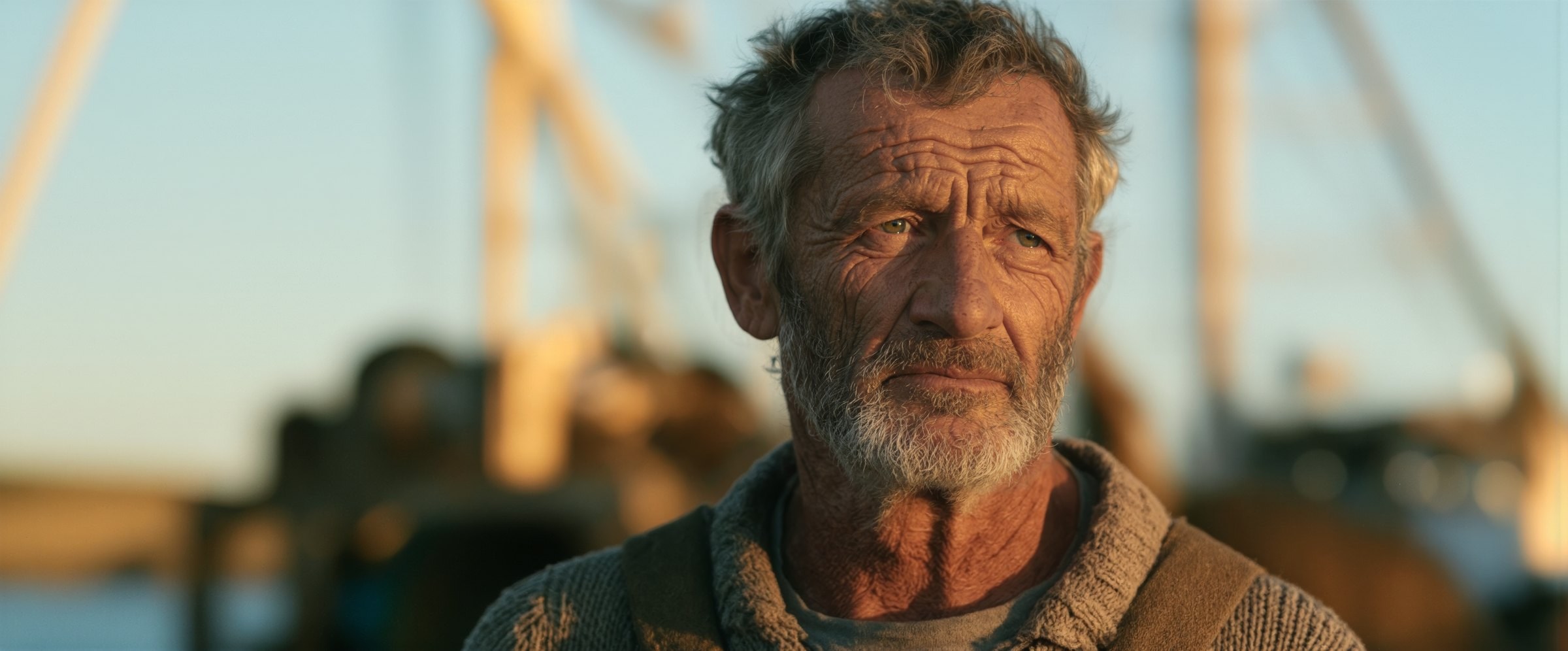A weathered fisherman mending a net on a harbor at golden hour, upscaled with Topaz Bloom and Gigapixel (made with Midjourney)