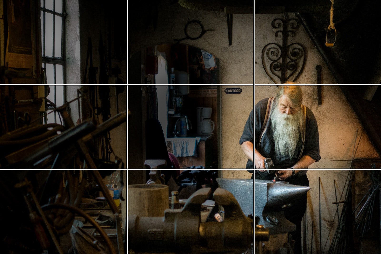 A blacksmith at his anvil with the rule of thirds grid drawn over the photo