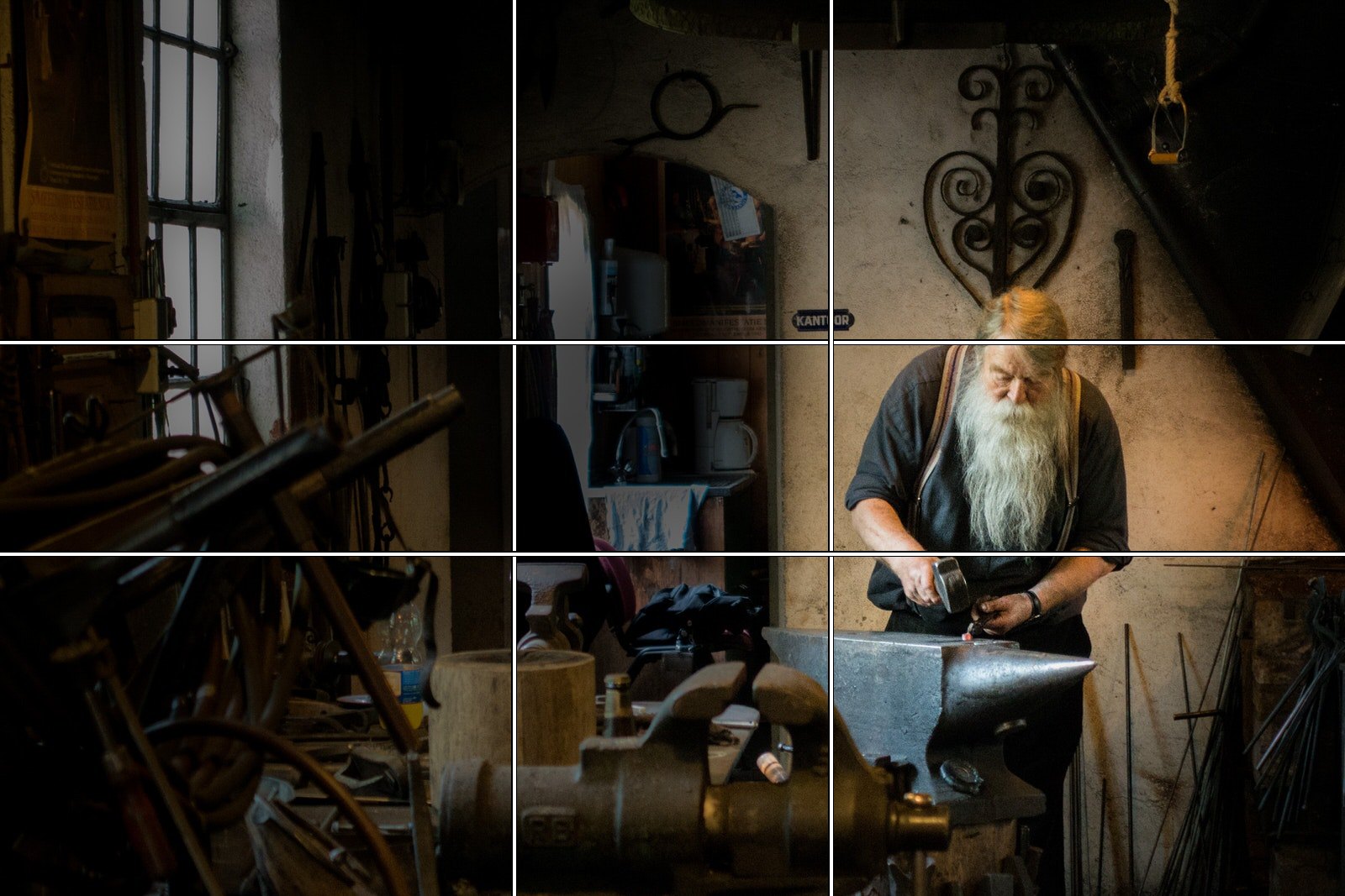 Golden ratio phi grid drawn over the same photo of a blacksmith at his anvil, with lines at 38.2 % and 61.8 %