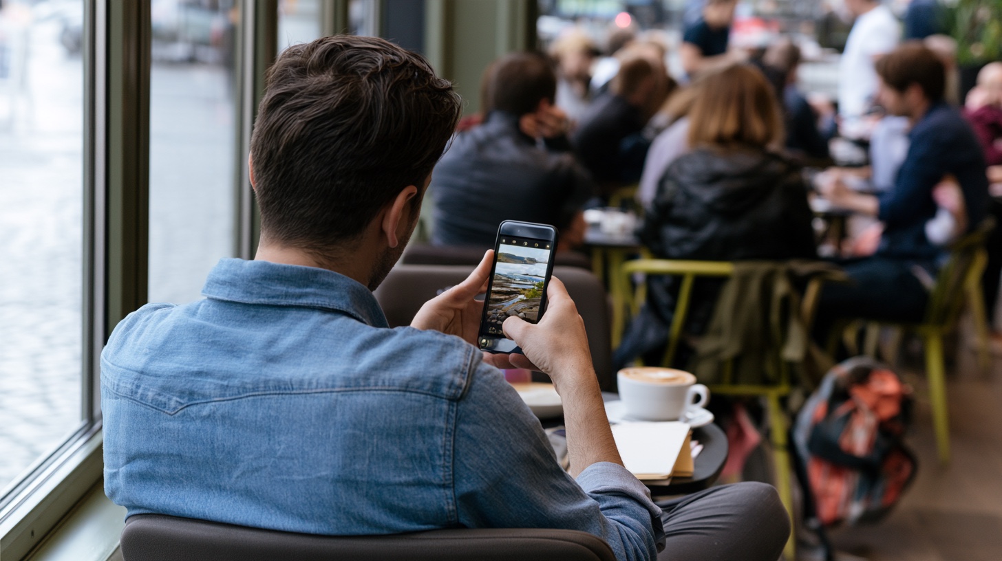 Compete with AI by knowing what clients can do themselves: a man at a cafe window seat editing a photo on his phone, seen over his shoulder, a coffee on the table and other customers behind him