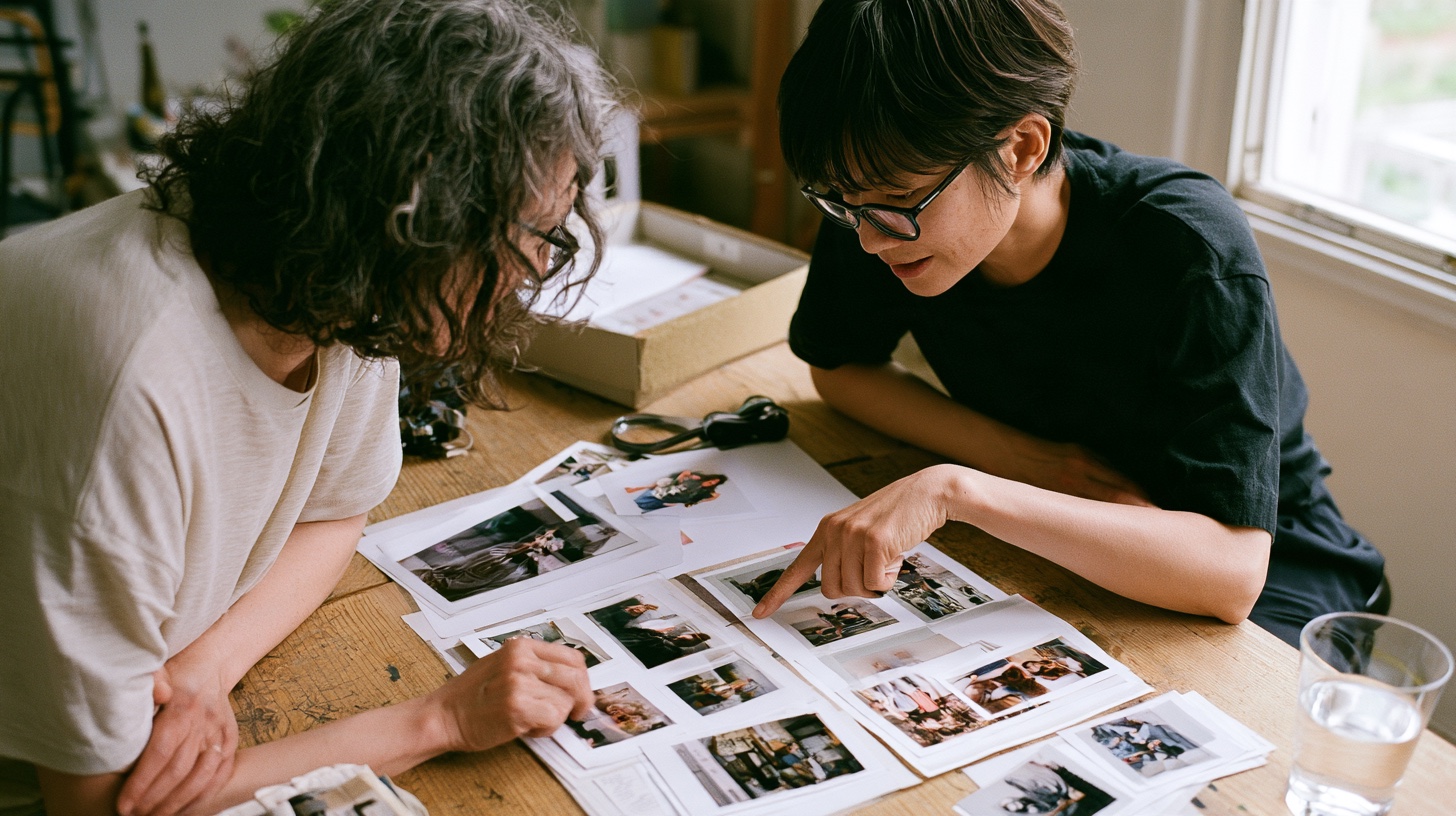 A photographer and a client looking at a set of printed photos spread on a table, the client pointing at one
