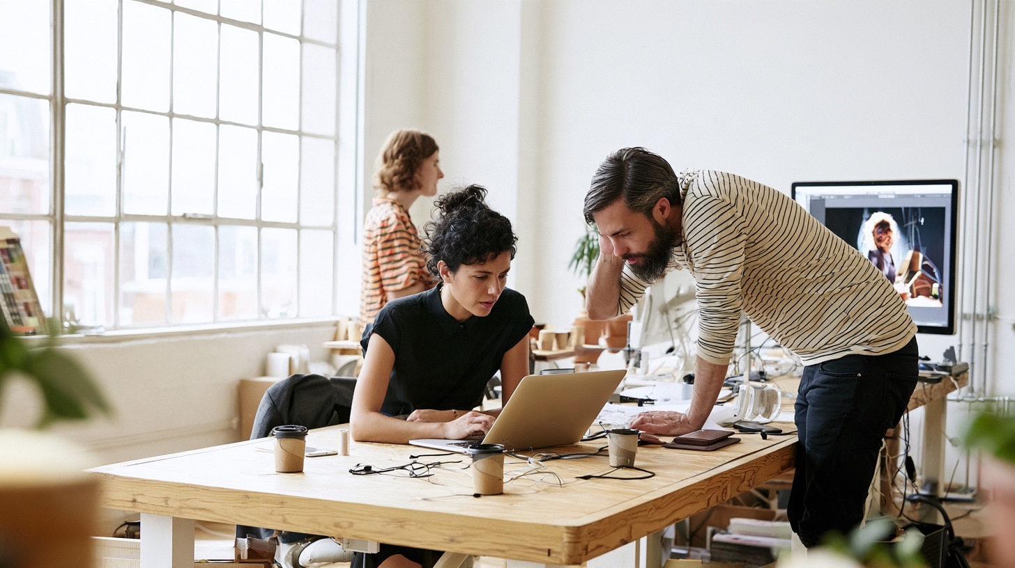 A small creative team of three at one long desk, two laptops and a monitor showing a photo edit, in a bright studio