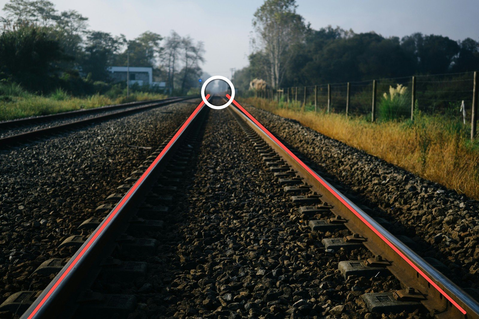 Railway tracks converging toward a vanishing point in the distance