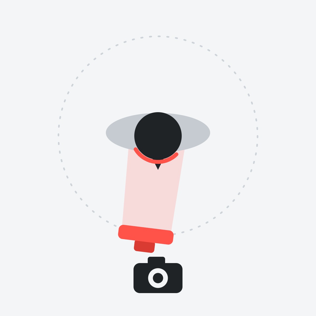 Top-view diagram of flat lighting with the light next to the camera, straight in front of the face